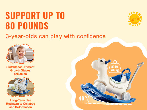 VEVOR rocking horse, supports up to 80 lbs, perfect for 3-year-olds, durable and growth-stages friendly.