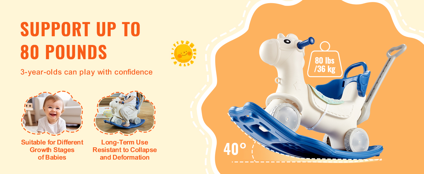 VEVOR rocking horse, supports up to 80 lbs, perfect for 3-year-olds, durable and growth-stages friendly.