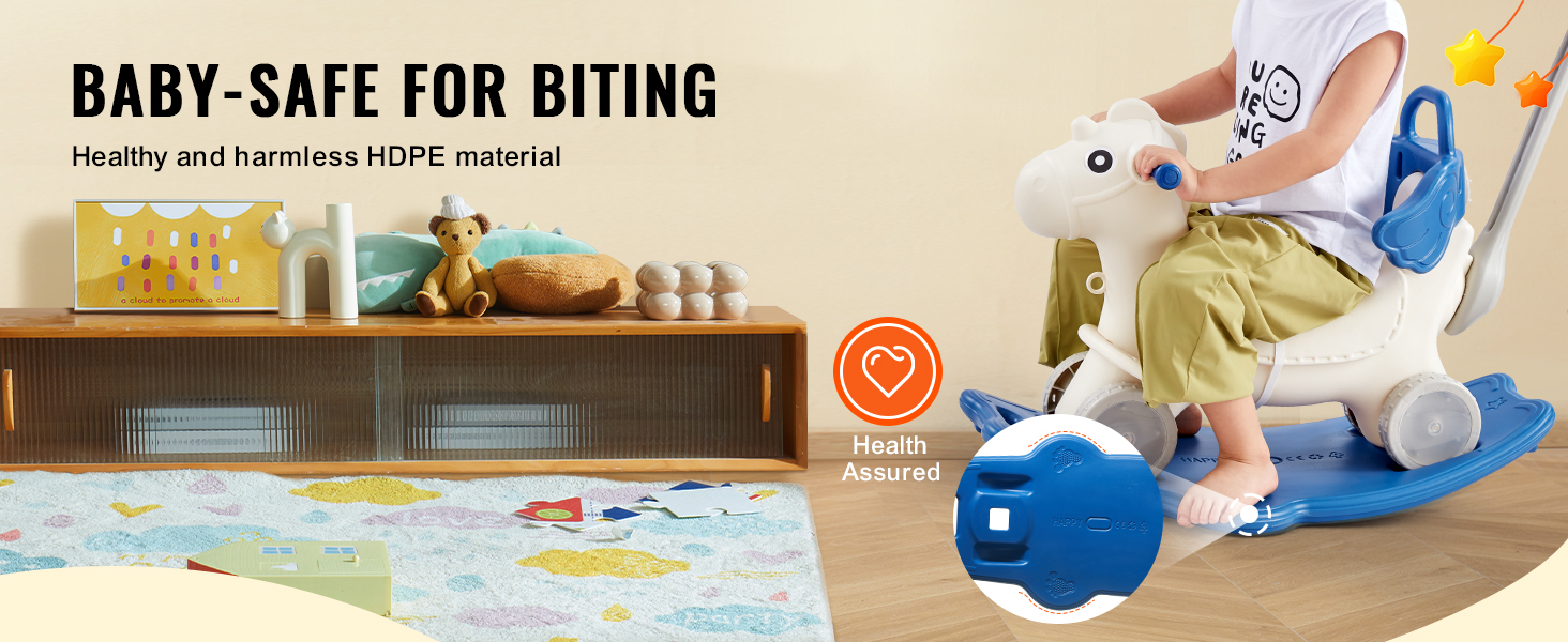 child riding a VEVOR rocking horse made of baby-safe hdpe material in a cozy room.