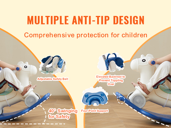 VEVOR rocking horse with adjustable safety belt, 40° swinging, four-point support, and an elevated backrest.