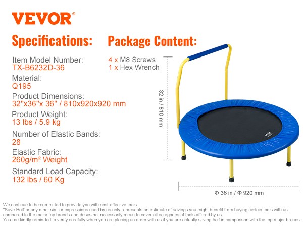 VEVOR trampoline with a safety handle, dimensions 32"x36"x36", weighs 13 lbs, supports up to 132 lbs.
