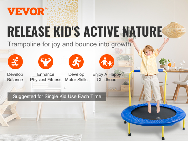 VEVOR trampoline ad: kid jumping, benefits of physical fitness, balance, motor skills, happy childhood.