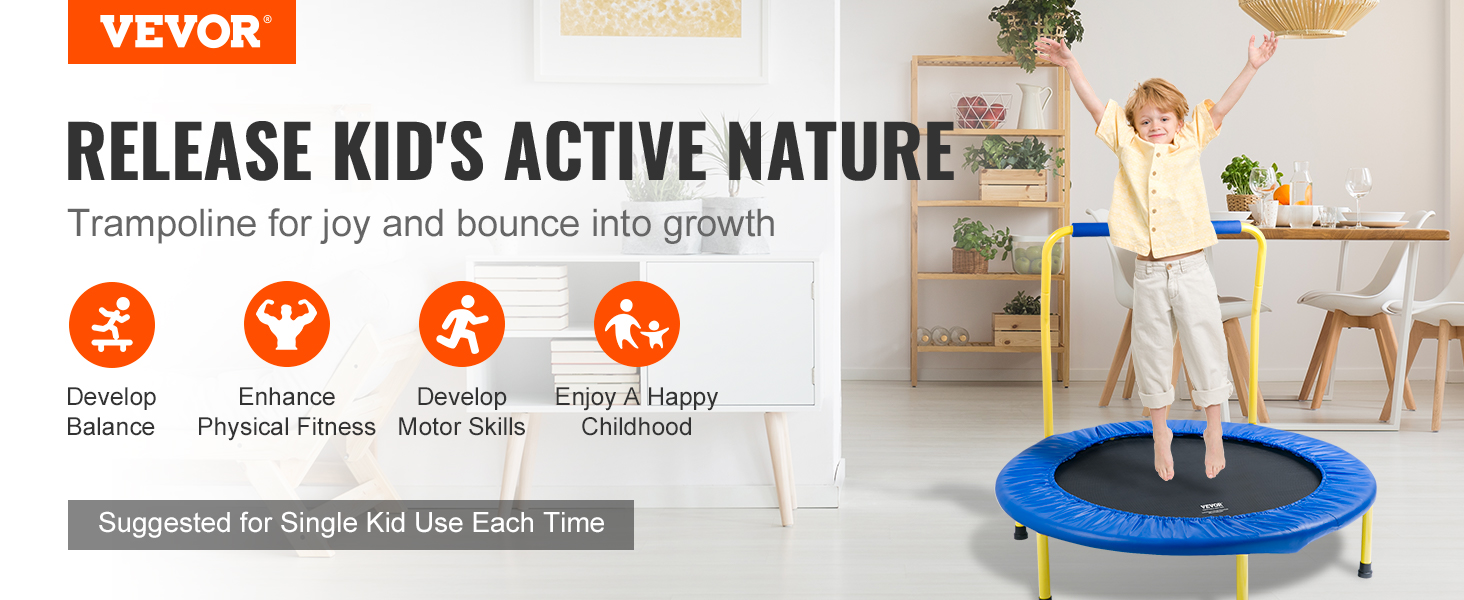 VEVOR trampoline ad: kid jumping, benefits of physical fitness, balance, motor skills, happy childhood.