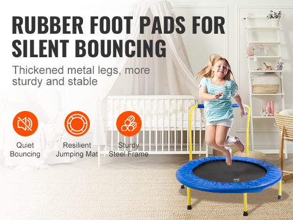 child jumping on VEVOR trampoline with rubber foot pads, featuring a sturdy steel frame and quiet bouncing.