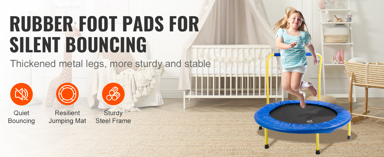 child jumping on VEVOR trampoline with rubber foot pads, featuring a sturdy steel frame and quiet bouncing.