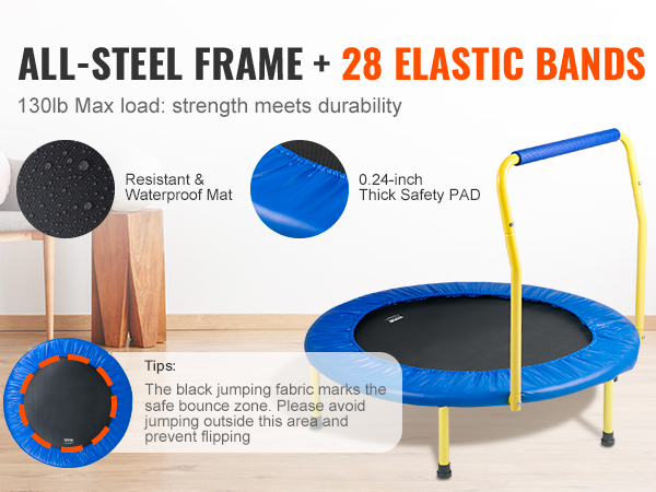 VEVOR trampoline with all-steel frame, 28 elastic bands, a 0.24-inch thick safety pad, and a 130 lb max load.
