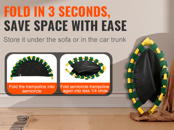 foldable VEVOR trampoline under sofa showing easy storage in 3 seconds with space-saving benefits.