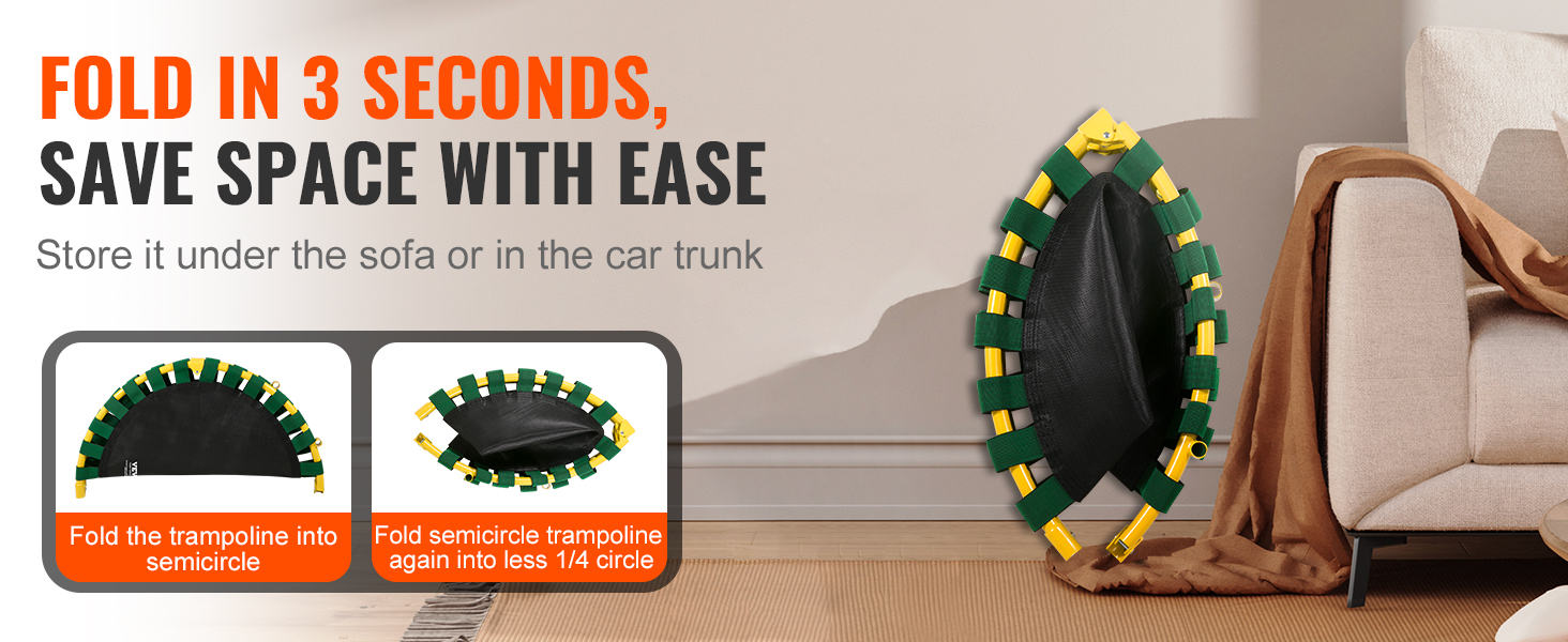 foldable VEVOR trampoline under sofa showing easy storage in 3 seconds with space-saving benefits.