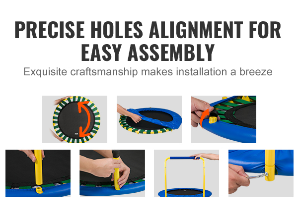VEVOR trampoline assembly process with precise holes alignment and yellow tool for easy installation.