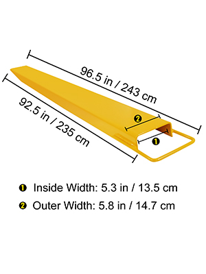 yellow VEVOR pallet fork extension dimensions: 96.5 in and 92.5 in length.