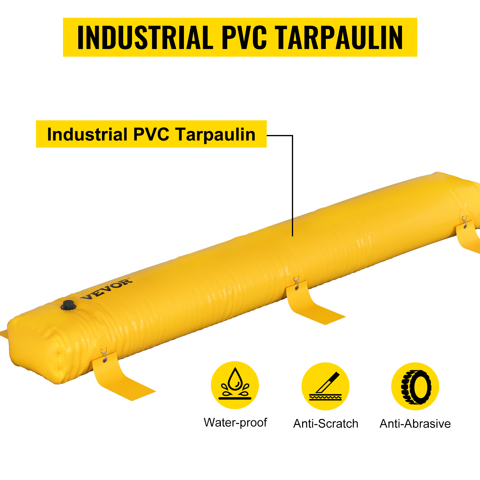 VEVOR plūdu barjera no dzeltenā pvc brezenta, ūdensnecaurlaidīga, ar aizsardzību pret skrāpējumiem un pret berzi.