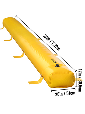 yellow VEVOR flood bag, 24ft long, 20in wide, 12in tall, with handles and black valve.