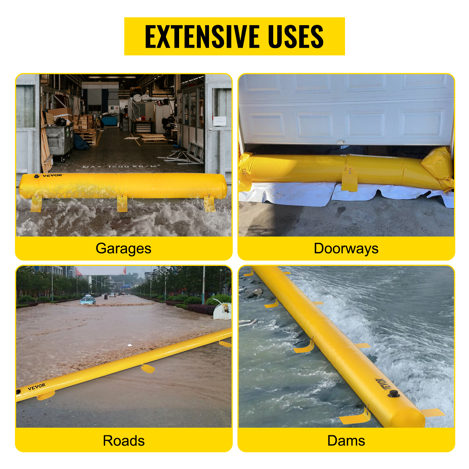 VEVOR flood bag protects garages, doorways, roads, and dams from water damage, showcasing extensive uses.