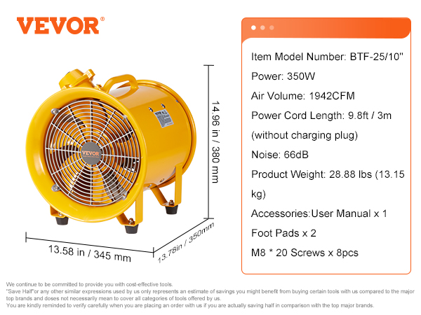 VEVOR portable ventilator, model btf-25/10, 350w, 1942cfm, 66db, 28.88 lbs, with 9.8ft power cord.