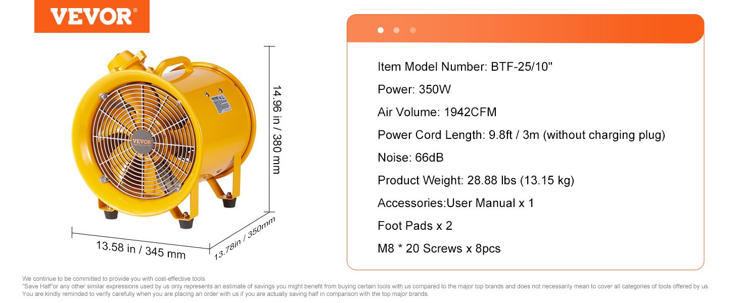 VEVOR portable ventilator, model btf-25/10, 350w, 1942cfm, 66db, 28.88 lbs, with 9.8ft power cord.
