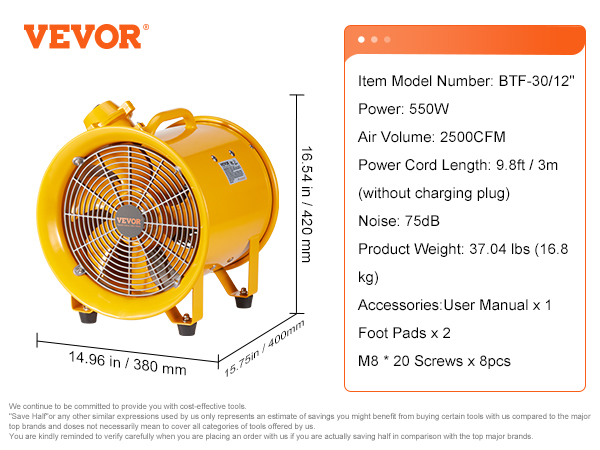 VEVOR portable ventilator, 550w power, 2500cfm air volume, 9.8ft power cord, 75db noise, 37.04 lbs weight.