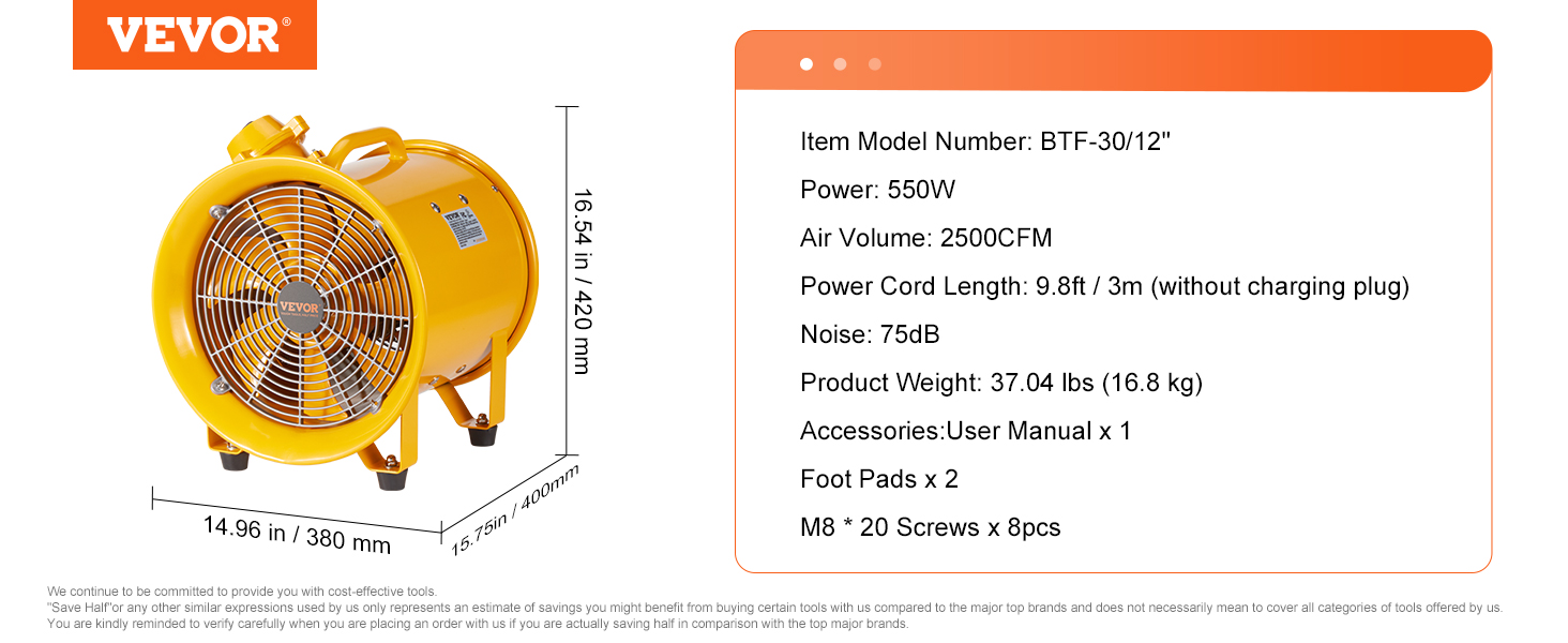 VEVOR portable ventilator, 550w power, 2500cfm air volume, 9.8ft power cord, 75db noise, 37.04 lbs weight.