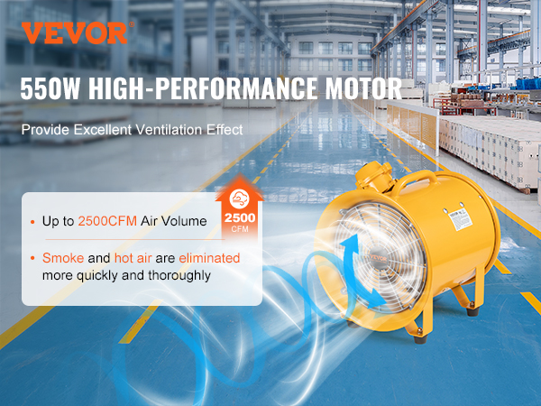 VEVOR portable ventilator in a warehouse, showcasing 550w motor, 2500cfm airflow, and efficient ventilation.