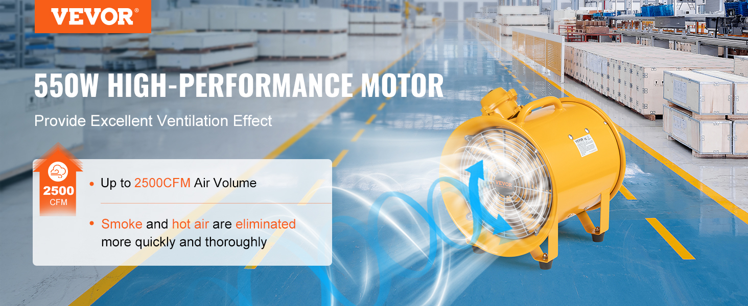 VEVOR portable ventilator in a warehouse, showcasing 550w motor, 2500cfm airflow, and efficient ventilation.