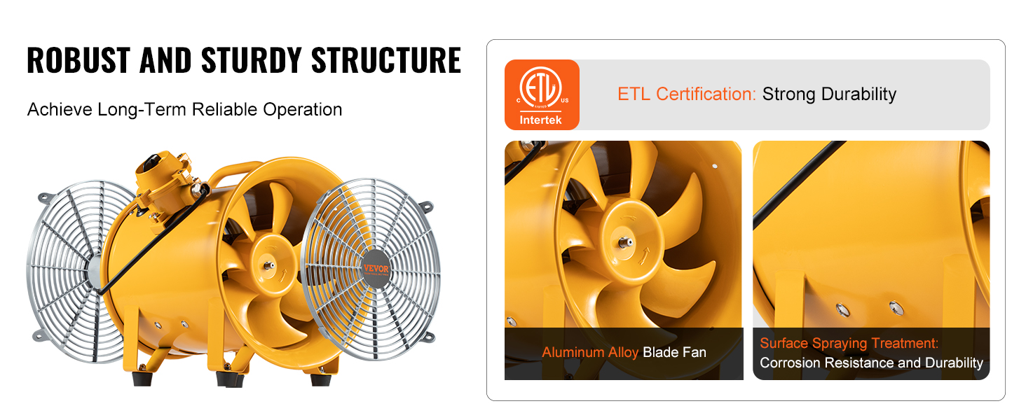 VEVOR portable ventilator with aluminum alloy blade fan, etl certification, and corrosion-resistant coating.