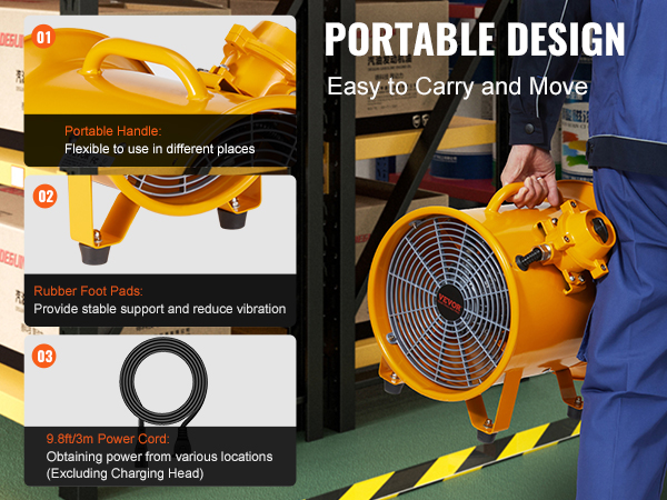 VEVOR portable ventilator in a warehouse, showcasing a portable handle, rubber foot pads, and a power cord.