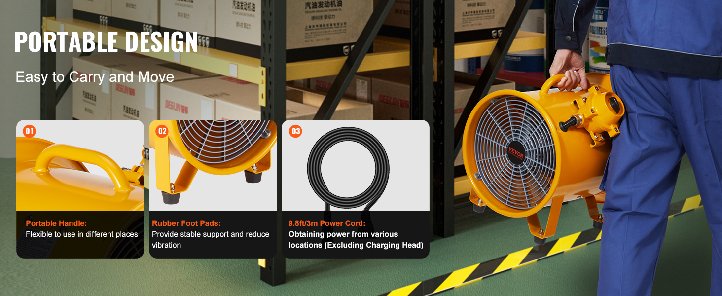 VEVOR portable ventilator in a warehouse, showcasing a portable handle, rubber foot pads, and a power cord.