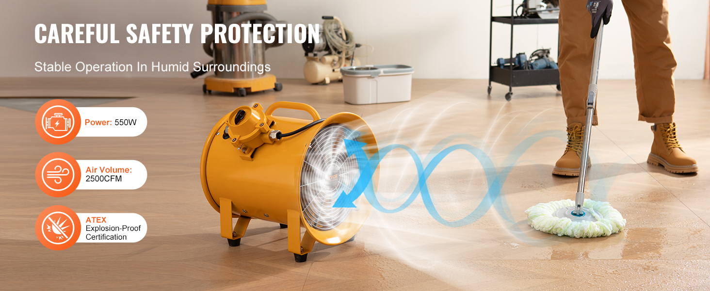 VEVOR portable ventilator in operation, ensuring safety, 550w power, 2500cfm air volume, atex certified.