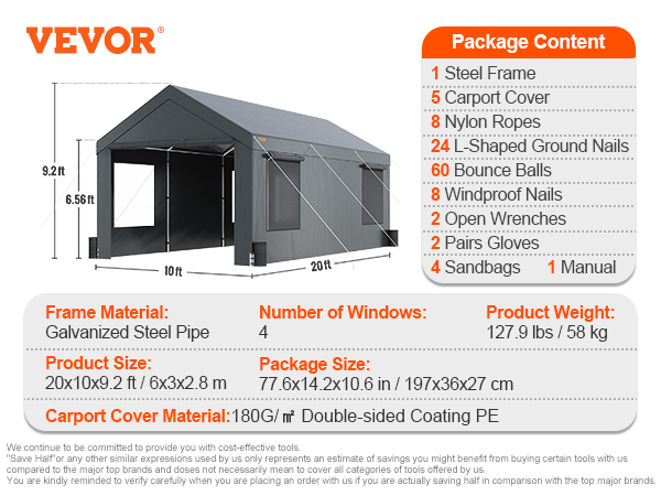 darkgray VEVOR carport 10x20 with galvanized steel frame, 9.3 ft height, 4 windows, pe cover, accessories.
