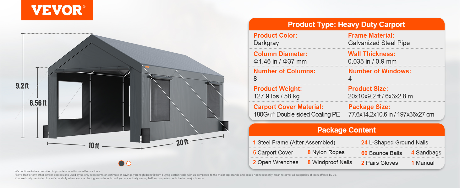 darkgray VEVOR carport 10x20 with galvanized steel frame, 9.3 ft height, 4 windows, pe cover, accessories.