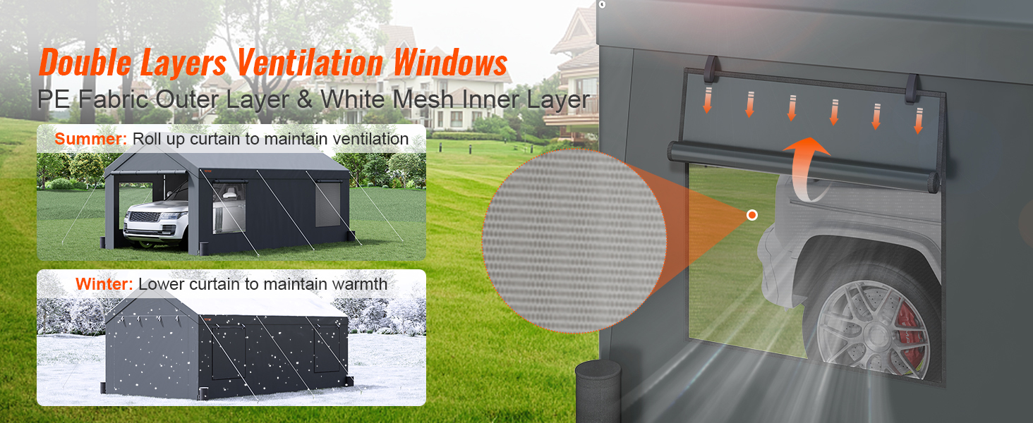VEVOR carport 10x20 with double-layer ventilation windows for summer and winter use.