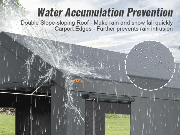 VEVOR carport 10x20 with double slope roof, designed to prevent water accumulation and rain intrusion.