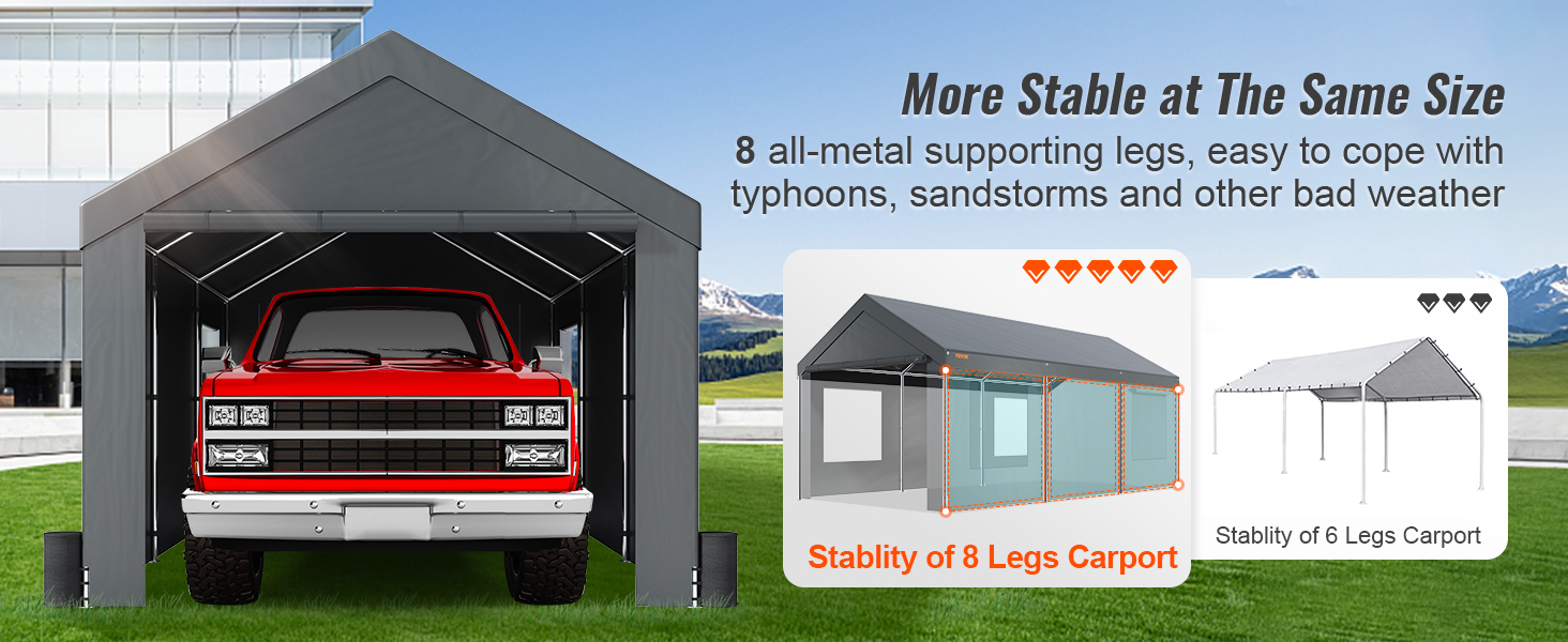 red truck under a VEVOR carport 10x20 with 8 legs, highlighting stability and durability in bad weather.