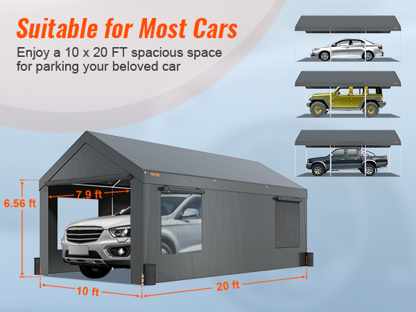 VEVOR carport 10x20 features spacious 10x20 ft coverage for various car sizes, with dimensions marked.