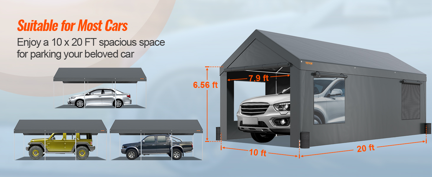 VEVOR carport 10x20 features spacious 10x20 ft coverage for various car sizes, with dimensions marked.