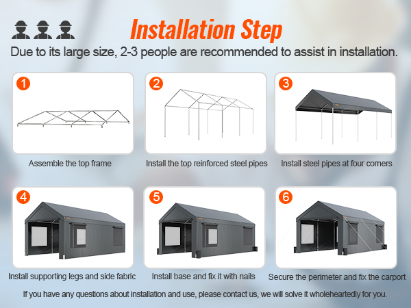 installation steps for VEVOR carport 10x20: assemble top frame, secure pipes, support beams, cover, and fix.