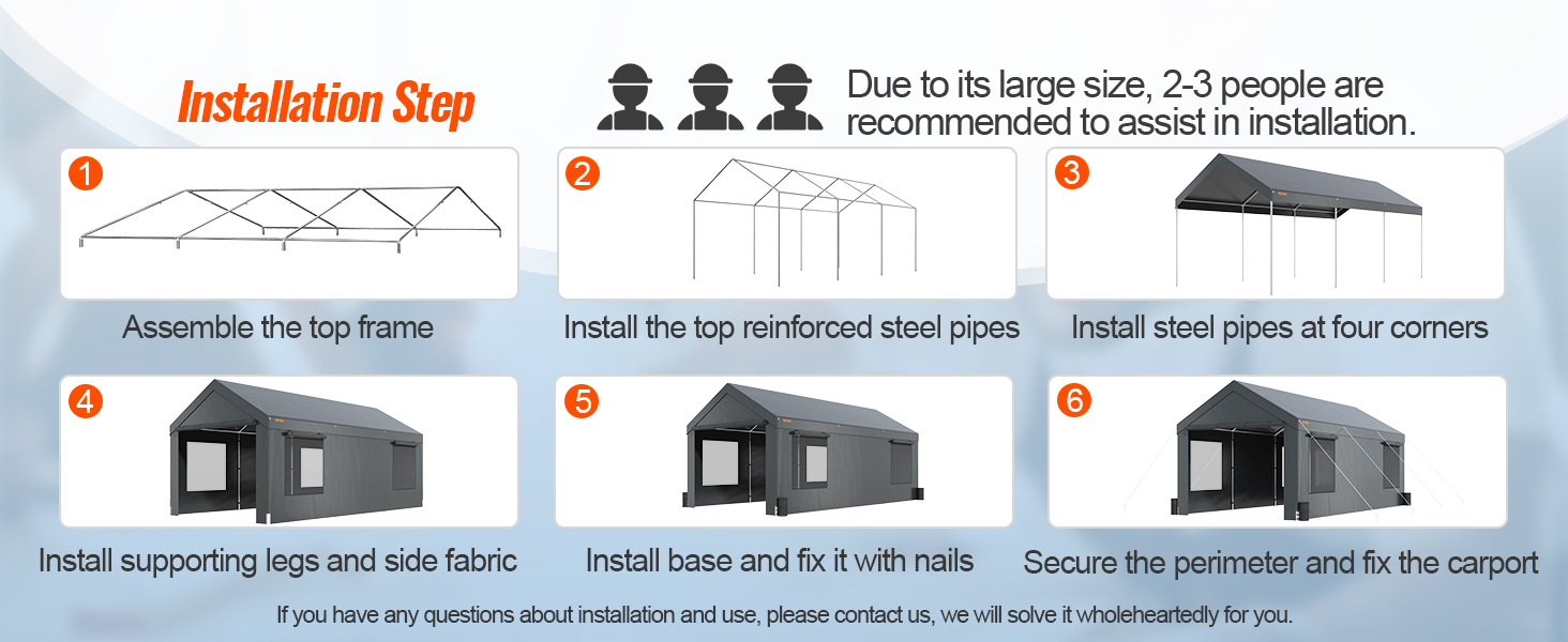 installation steps for VEVOR carport 10x20: assemble top frame, secure pipes, support beams, cover, and fix.
