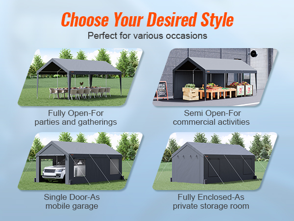 VEVOR carport 10x20 uses: open for parties, semi open for commerce, single door garage, enclosed storage.