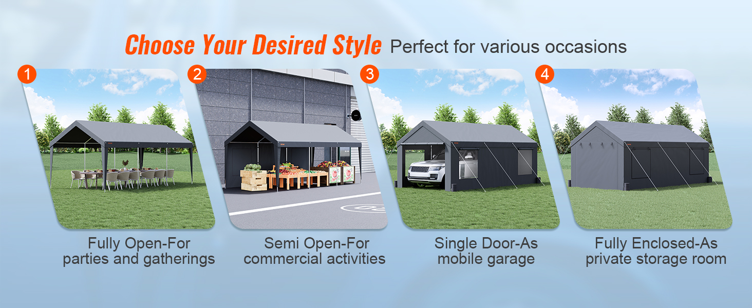 VEVOR carport 10x20 uses: open for parties, semi open for commerce, single door garage, enclosed storage.