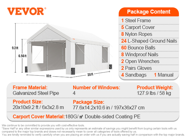 white VEVOR carport, 10x20 ft, steel frame, 4 windows, 8 columns, package contents listed in detail.
