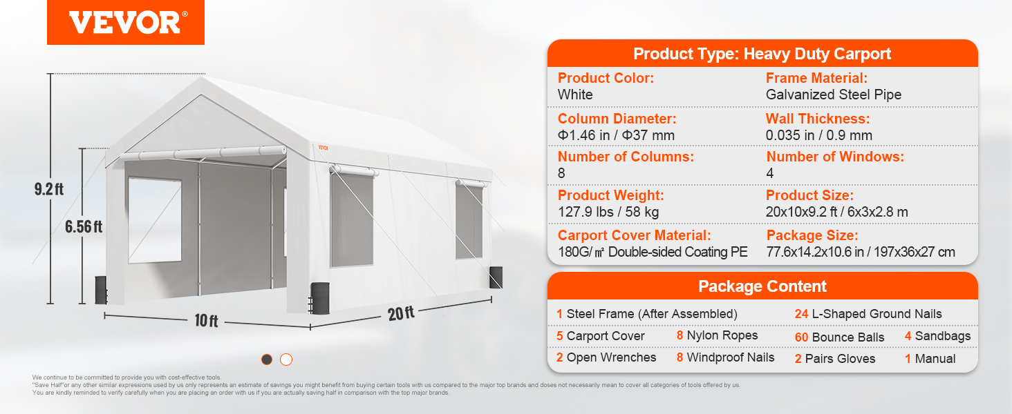white VEVOR carport, 10x20 ft, steel frame, 4 windows, 8 columns, package contents listed in detail.