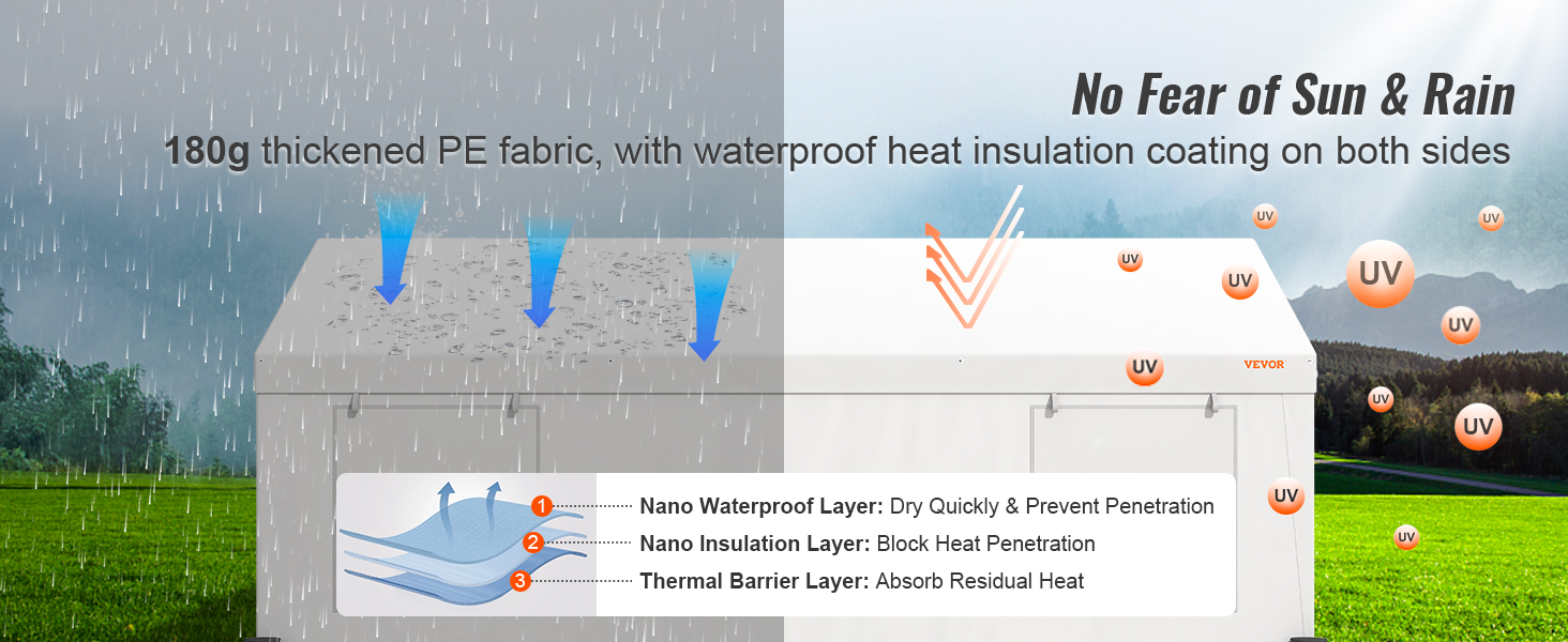 VEVOR carport with 180g pe fabric, waterproof coating, uv protection, resistant to rain and sun.