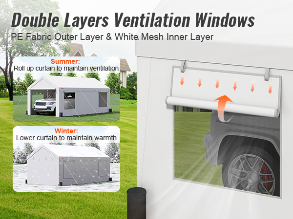 double layer vents on VEVOR carport showcasing summer and winter curtain adjustments.