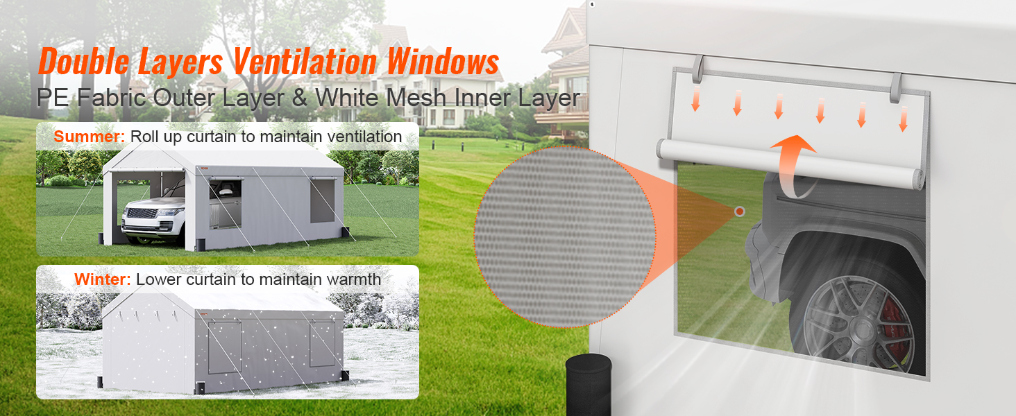 double layer vents on VEVOR carport showcasing summer and winter curtain adjustments.