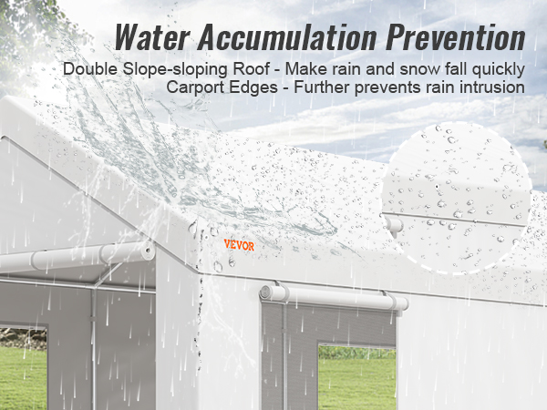 VEVOR carport with double-slope roof for efficient water and snow shedding, preventing rain accumulation.
