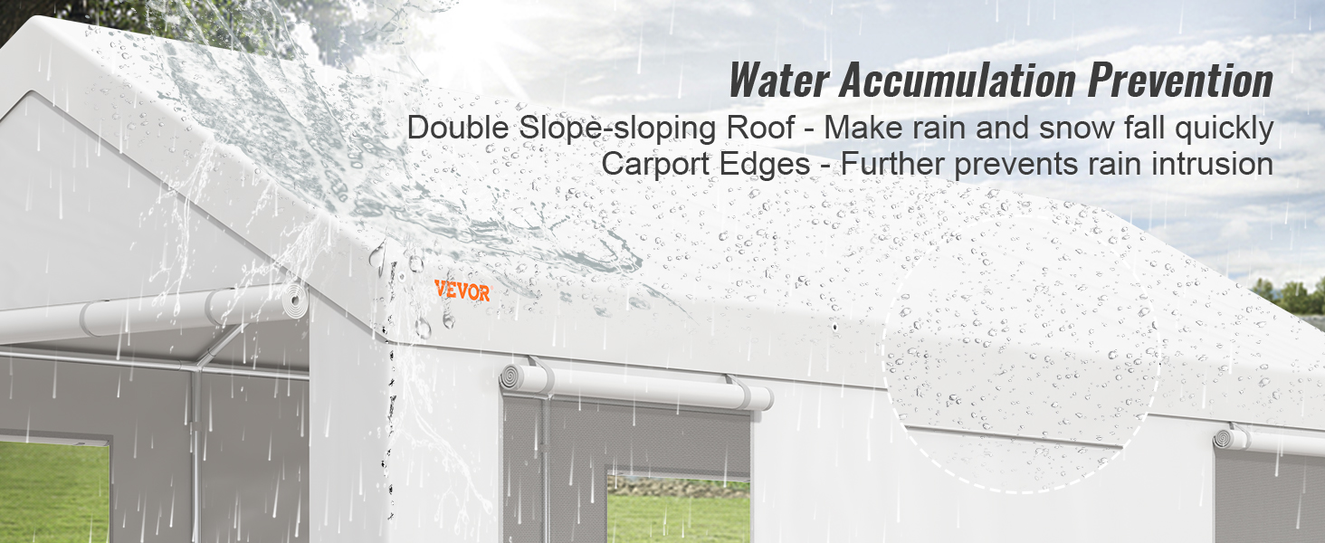 VEVOR carport with double-slope roof for efficient water and snow shedding, preventing rain accumulation.