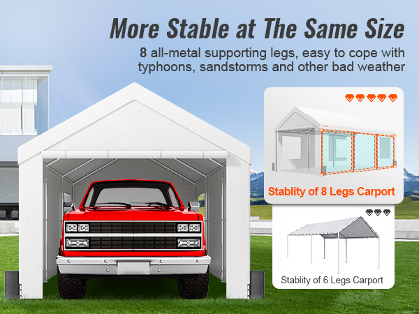 red truck inside a white VEVOR carport with 8 metal legs, showcasing stability against severe weather.