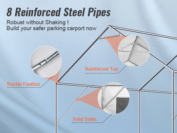 VEVOR carport with 8 reinforced steel pipes, showing buckle fixation, reinforced top, and solid sides.