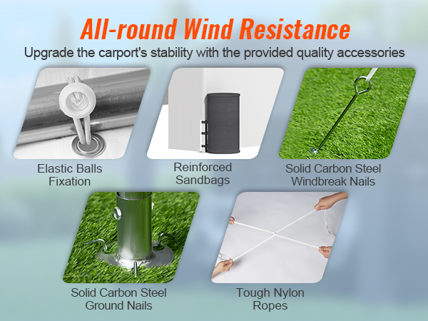 VEVOR carport wind resistance: elastic balls, reinforced sandbags, carbon steel nails, nylon ropes.