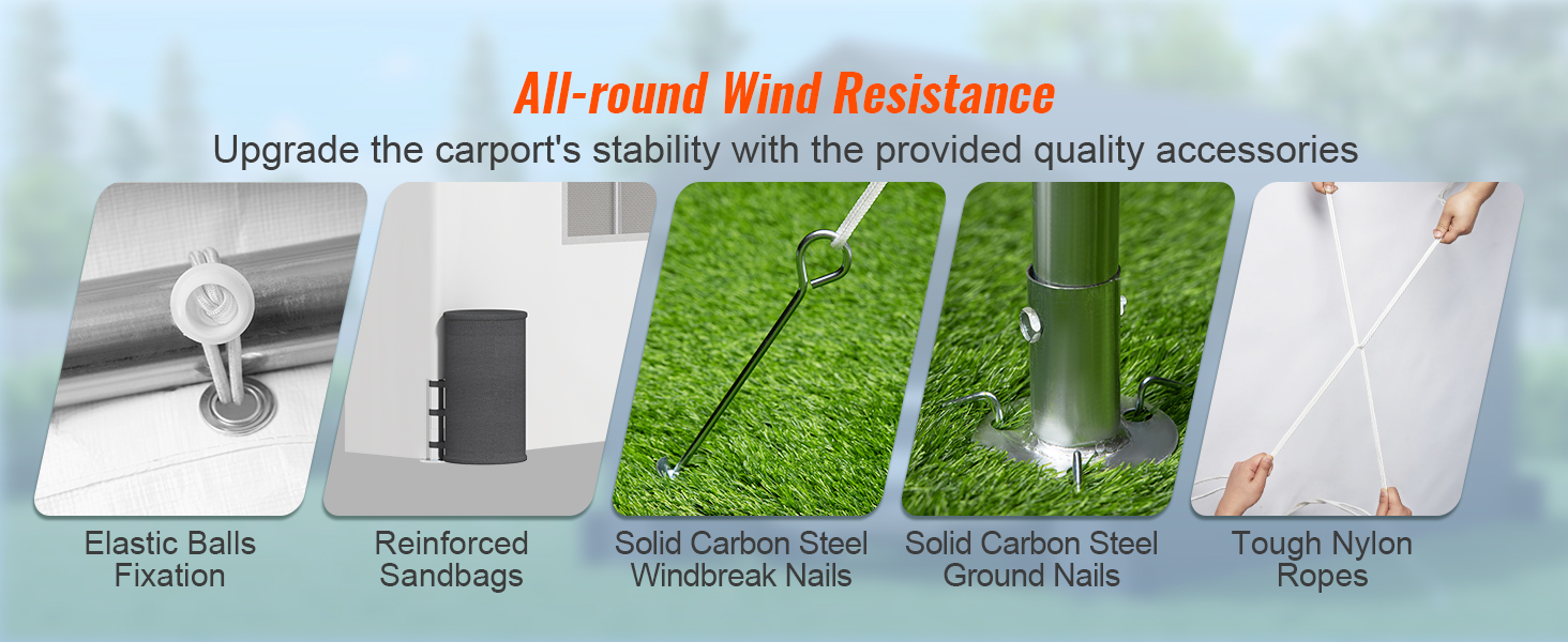 VEVOR carport wind resistance: elastic balls, reinforced sandbags, carbon steel nails, nylon ropes.