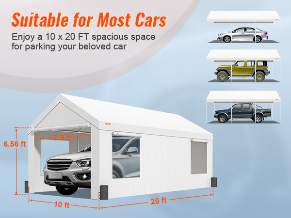 VEVOR carport with dimensions 10x20 ft, showcasing spacious shelter for various vehicles.
